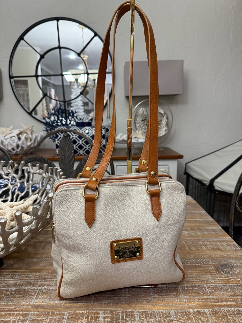 Valentina Cream Shoulder Bag with Tan Straps, 11” x 4 1/2” x 9 1/2” tall.